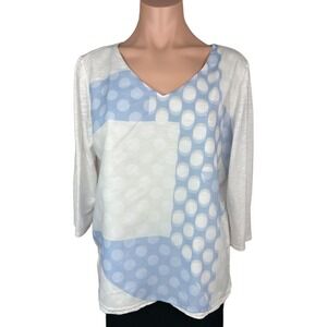 Zenergy by Chico's Size 2 / L White & Blue w/ Dots 3/4 Sleeve Polyester V-Neck